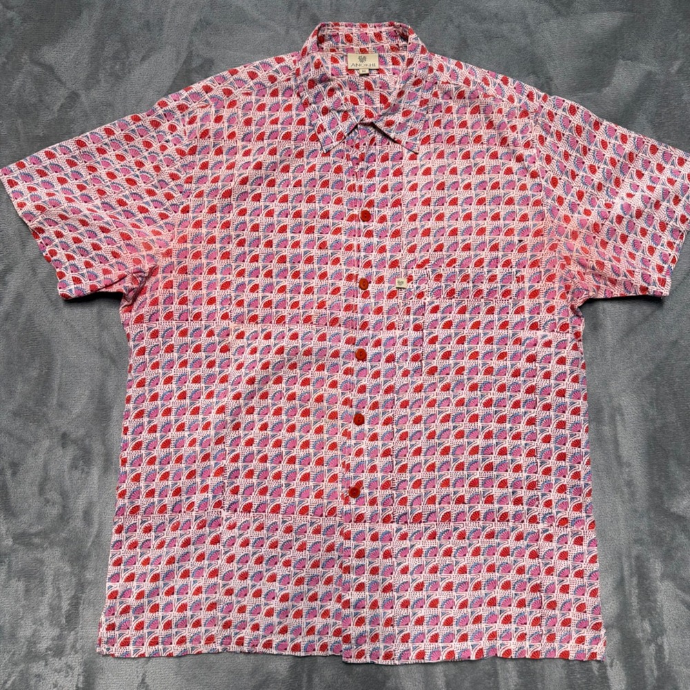 Anokhi Button Down Shirt Women Medium Pink Geometric Cotton Boho‎ Relaxed